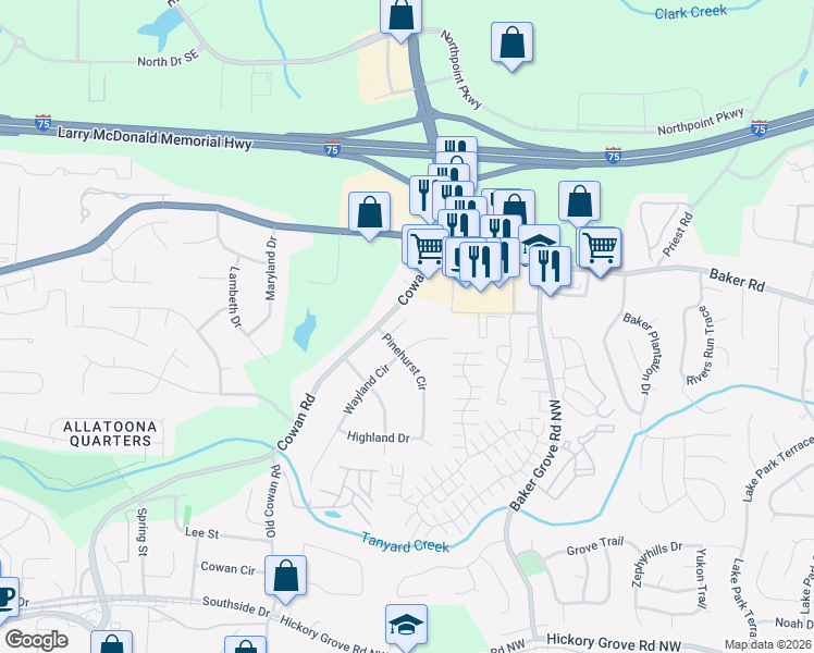 map of restaurants, bars, coffee shops, grocery stores, and more near 4945 Cowan Road in Acworth