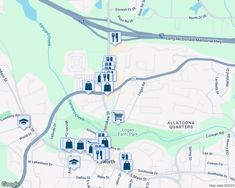 map of restaurants, bars, coffee shops, grocery stores, and more near 4410 Old Cherokee Street in Acworth