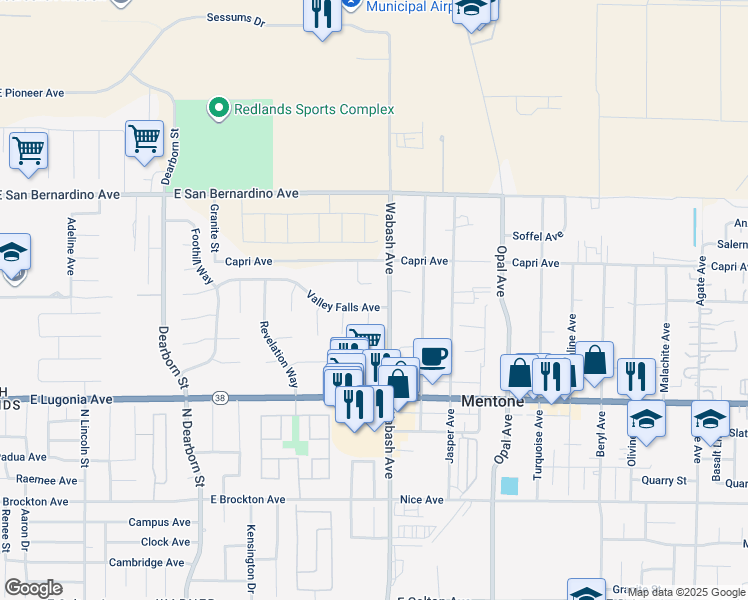 map of restaurants, bars, coffee shops, grocery stores, and more near 1773 Valley Falls Avenue in Redlands