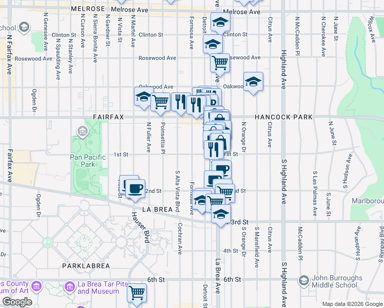 map of restaurants, bars, coffee shops, grocery stores, and more near 2 North Formosa Avenue in Los Angeles