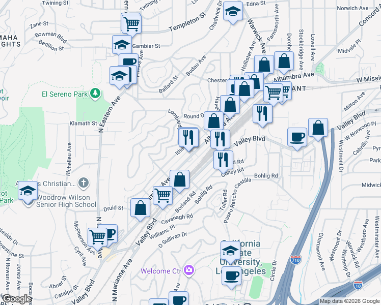 map of restaurants, bars, coffee shops, grocery stores, and more near 5197 Alhambra Avenue in Los Angeles