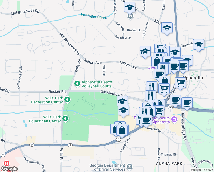 map of restaurants, bars, coffee shops, grocery stores, and more near 91 Wills Drive in Alpharetta