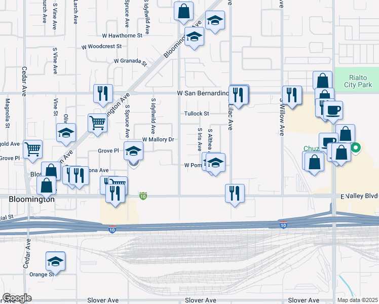 map of restaurants, bars, coffee shops, grocery stores, and more near 659 Marygold Avenue in Bloomington