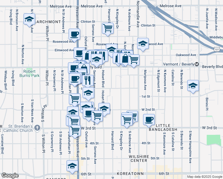 map of restaurants, bars, coffee shops, grocery stores, and more near 108 North Hobart Boulevard in Los Angeles