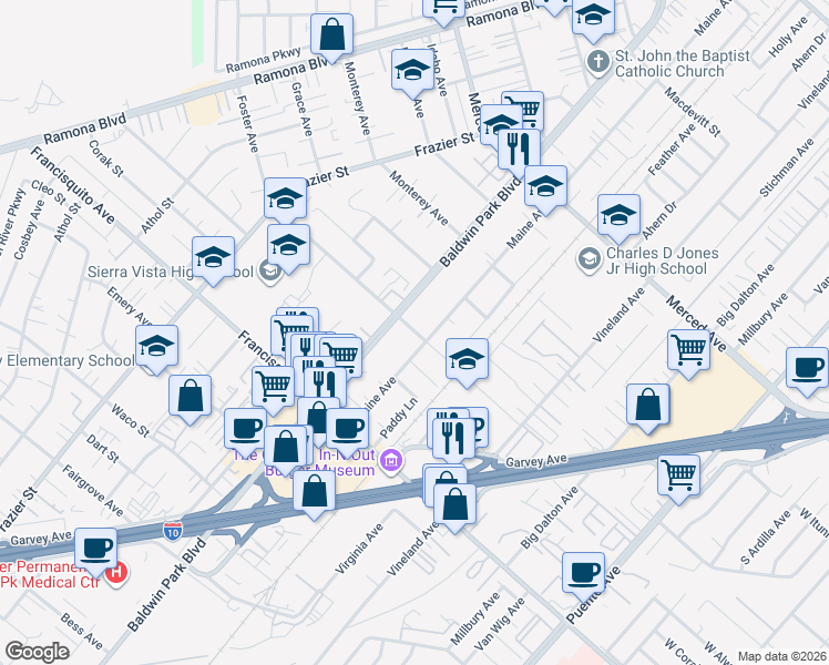 map of restaurants, bars, coffee shops, grocery stores, and more near 13724 Foster Avenue in Baldwin Park