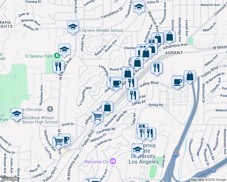 map of restaurants, bars, coffee shops, grocery stores, and more near 5197 Alhambra Avenue in Los Angeles