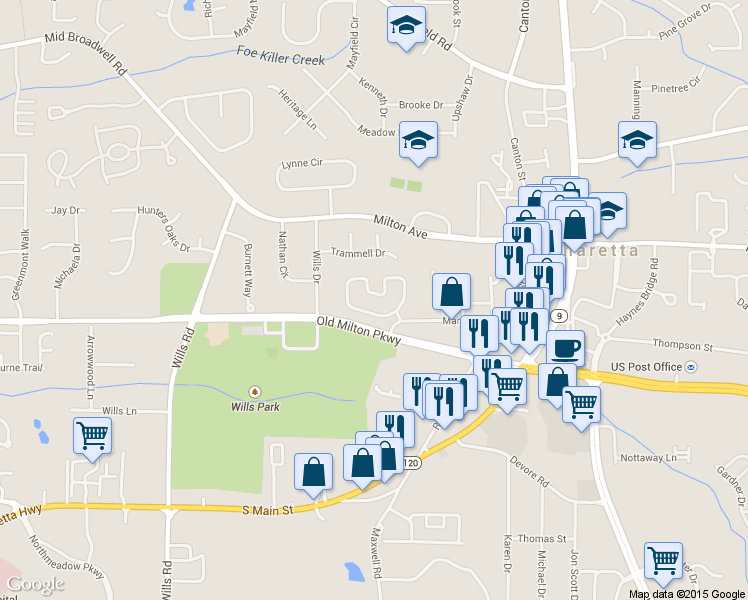 map of restaurants, bars, coffee shops, grocery stores, and more near 1980 Willshire Glen in Alpharetta
