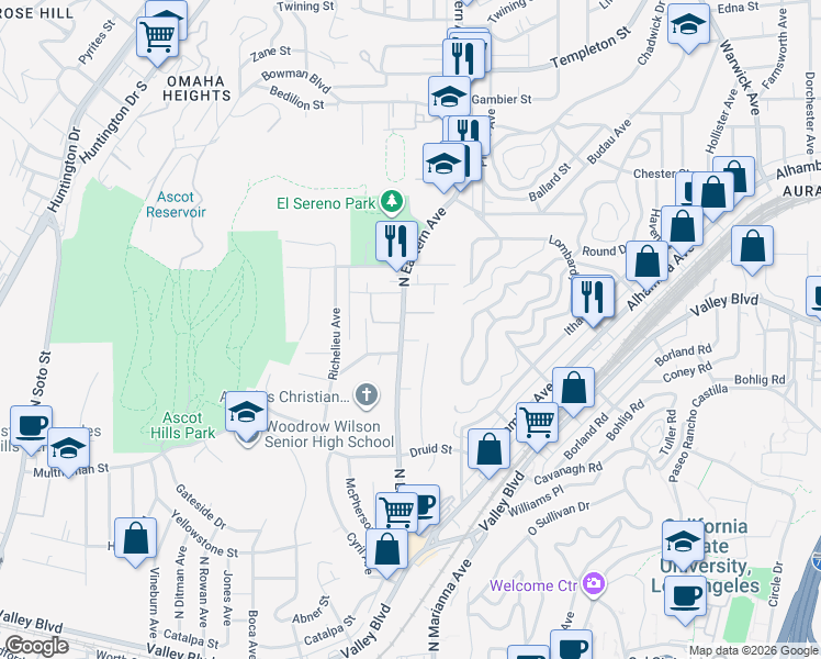 map of restaurants, bars, coffee shops, grocery stores, and more near 2410 North Eastern Avenue in Los Angeles