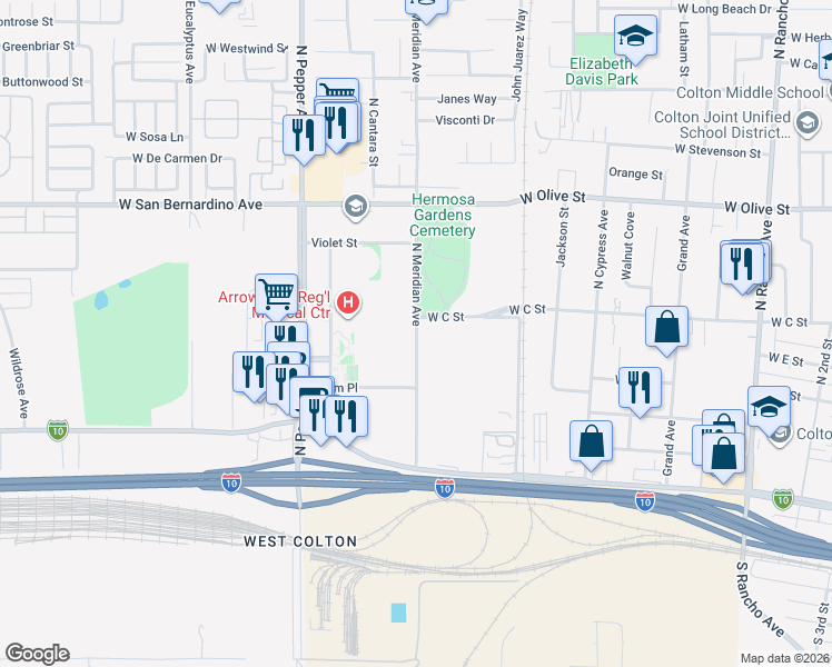 map of restaurants, bars, coffee shops, grocery stores, and more near 711 North Meridian Avenue in Colton