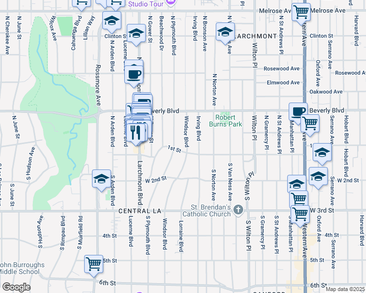 map of restaurants, bars, coffee shops, grocery stores, and more near 125 North Windsor Boulevard in Los Angeles