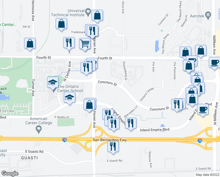 map of restaurants, bars, coffee shops, grocery stores, and more near 3536 Concours Street in Ontario