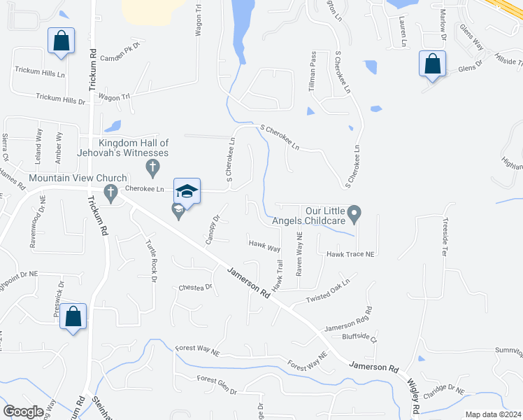 map of restaurants, bars, coffee shops, grocery stores, and more near 4912 Hawk Trail in Marietta