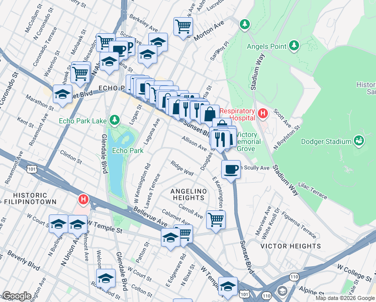 map of restaurants, bars, coffee shops, grocery stores, and more near 1440 Allison Avenue in Los Angeles