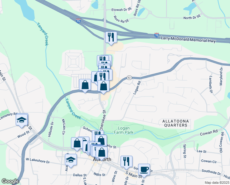 map of restaurants, bars, coffee shops, grocery stores, and more near 4410 Old Cherokee Street in Acworth