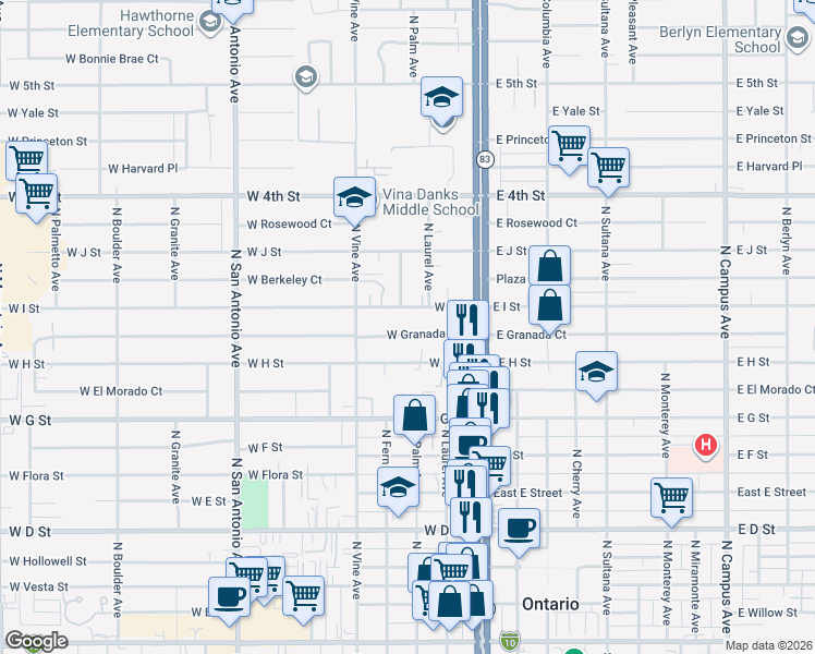 map of restaurants, bars, coffee shops, grocery stores, and more near 314 West Granada Court in Ontario