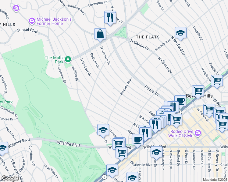 map of restaurants, bars, coffee shops, grocery stores, and more near 707 North Bedford Drive in Beverly Hills