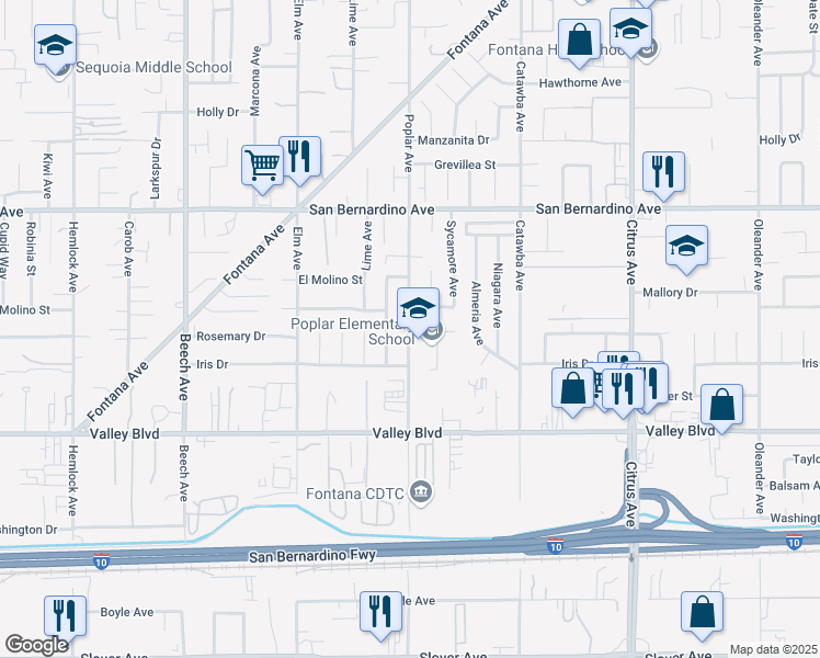 map of restaurants, bars, coffee shops, grocery stores, and more near 9937 Poplar Avenue in Fontana