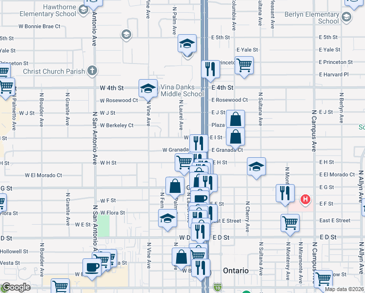 map of restaurants, bars, coffee shops, grocery stores, and more near 133 West I Street in Ontario