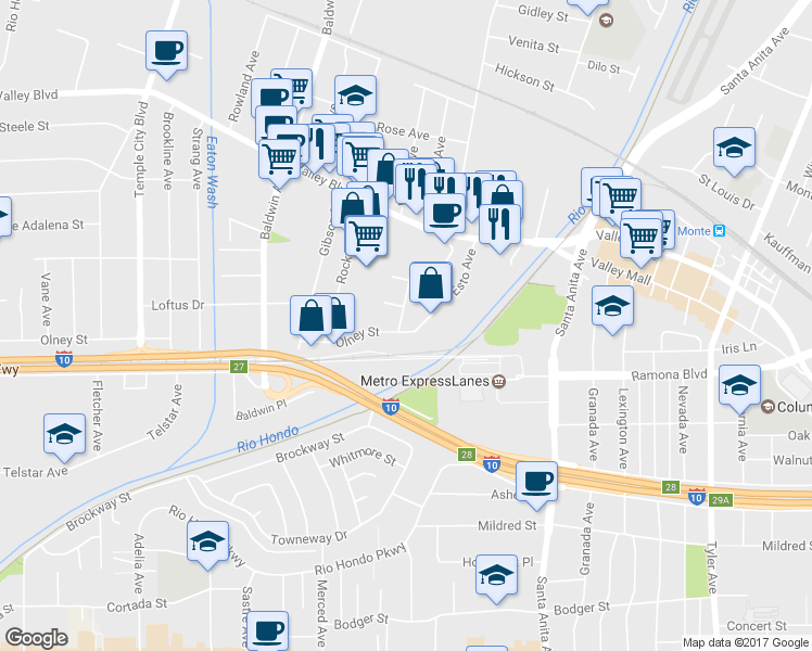 map of restaurants, bars, coffee shops, grocery stores, and more near 3606 Beuville Avenue in El Monte