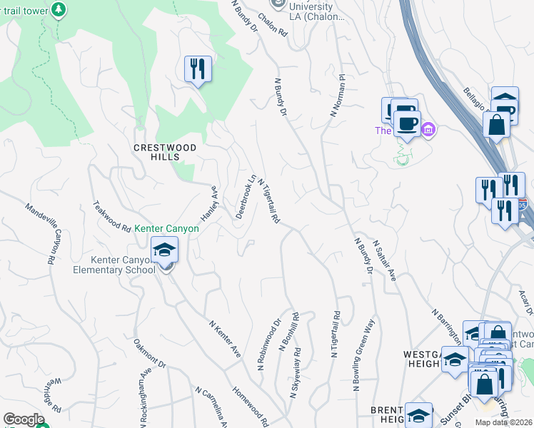 map of restaurants, bars, coffee shops, grocery stores, and more near 12310 Rochedale Lane in Los Angeles