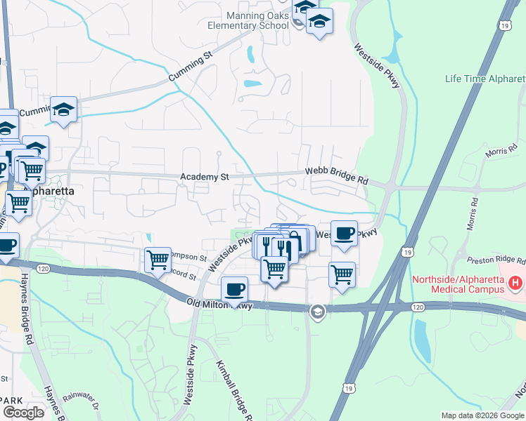 map of restaurants, bars, coffee shops, grocery stores, and more near 2300 Newport Landing in Alpharetta