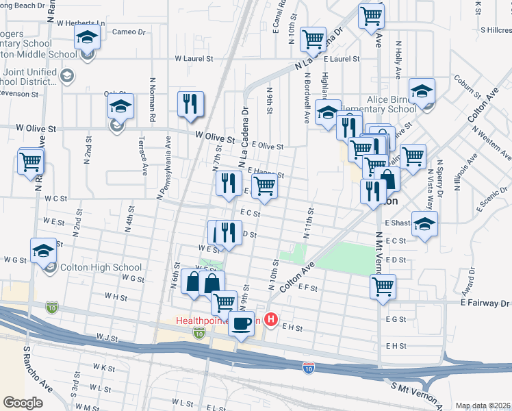 map of restaurants, bars, coffee shops, grocery stores, and more near 894 North 9th Street in Colton