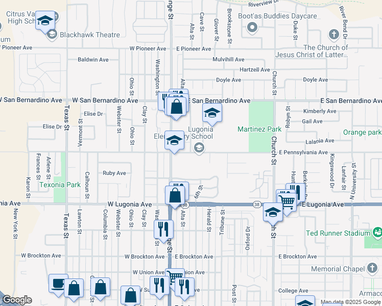 map of restaurants, bars, coffee shops, grocery stores, and more near 202 East Pennsylvania Avenue in Redlands