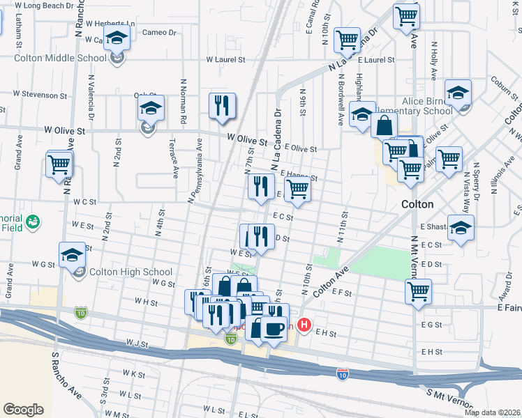 map of restaurants, bars, coffee shops, grocery stores, and more near 163 West C Street in Colton