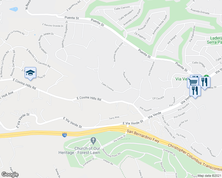 map of restaurants, bars, coffee shops, grocery stores, and more near Calle Cristina in San Dimas