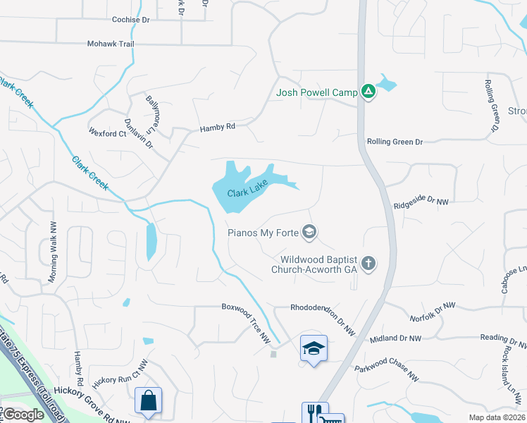 map of restaurants, bars, coffee shops, grocery stores, and more near 1460 Ridgeway Drive Northwest in Acworth