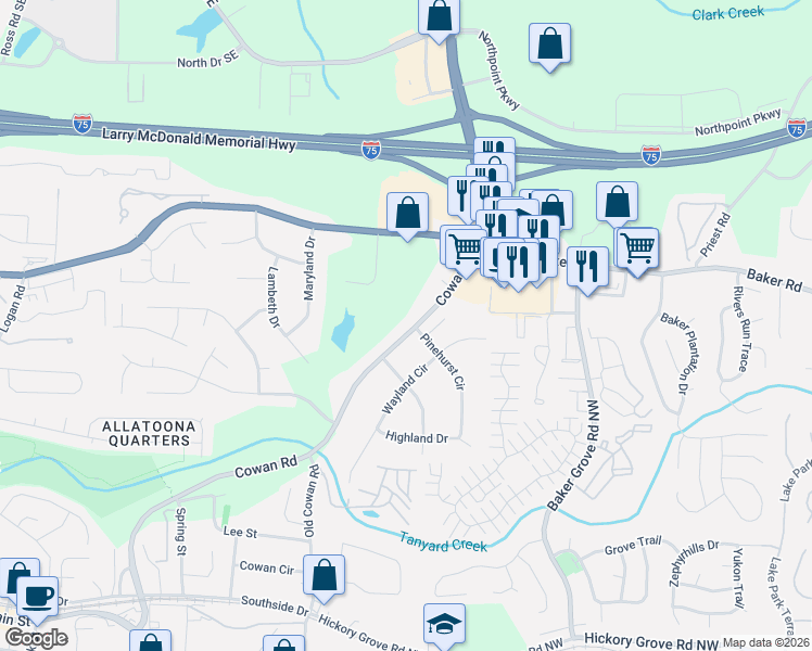 map of restaurants, bars, coffee shops, grocery stores, and more near 4901 Cowan Road in Acworth