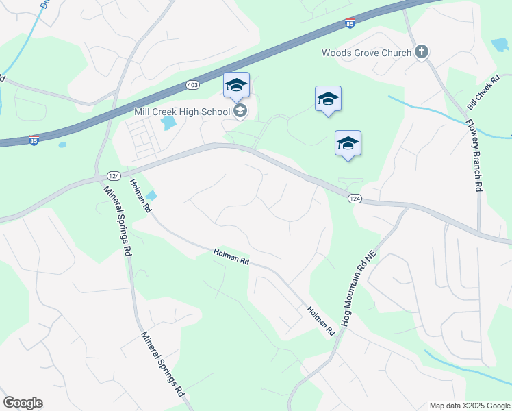map of restaurants, bars, coffee shops, grocery stores, and more near 4309 Milford Place Northeast in Hoschton