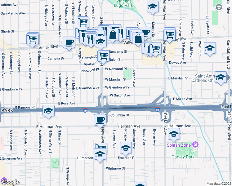 map of restaurants, bars, coffee shops, grocery stores, and more near 506 West Glendon Way in San Gabriel