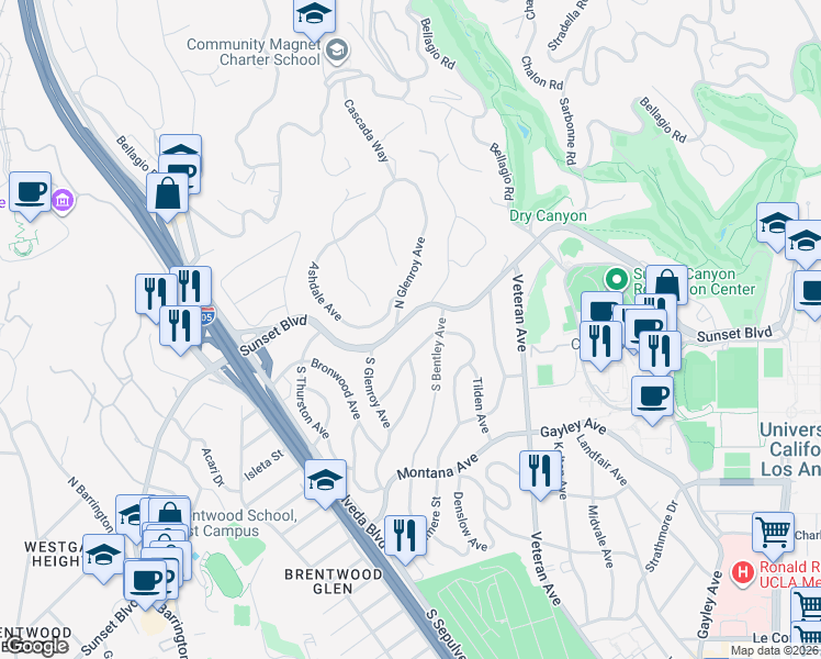 map of restaurants, bars, coffee shops, grocery stores, and more near 11150 Sunset Boulevard in Los Angeles