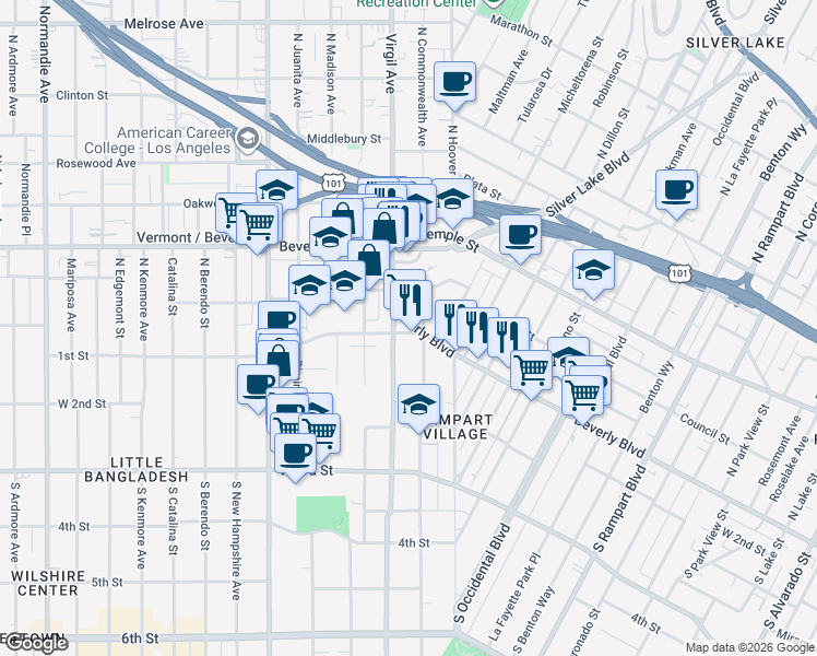 map of restaurants, bars, coffee shops, grocery stores, and more near 112 North Commonwealth Avenue in Los Angeles