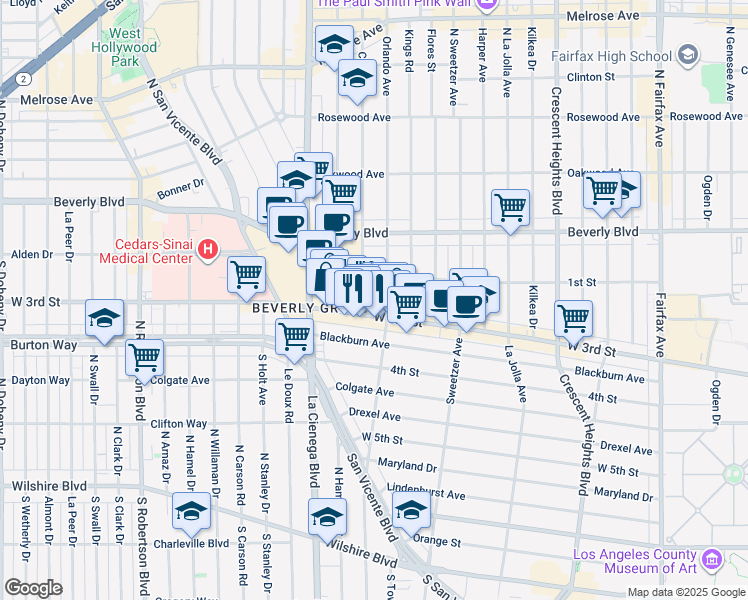 map of restaurants, bars, coffee shops, grocery stores, and more near 130 South Croft Avenue in Los Angeles