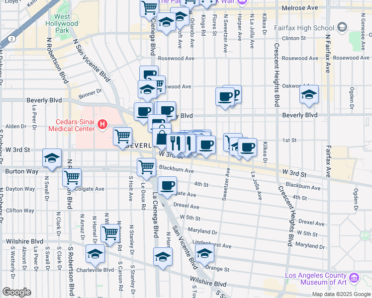 map of restaurants, bars, coffee shops, grocery stores, and more near 130 South Croft Avenue in Los Angeles