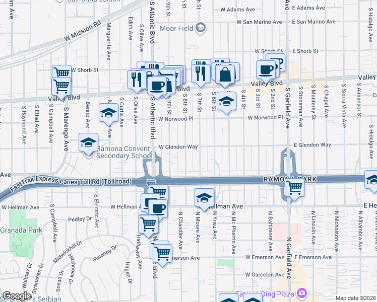 map of restaurants, bars, coffee shops, grocery stores, and more near 709 West Glendon Way in Alhambra