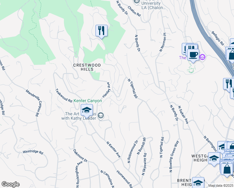 map of restaurants, bars, coffee shops, grocery stores, and more near 12421 Deerbrook Lane in Los Angeles