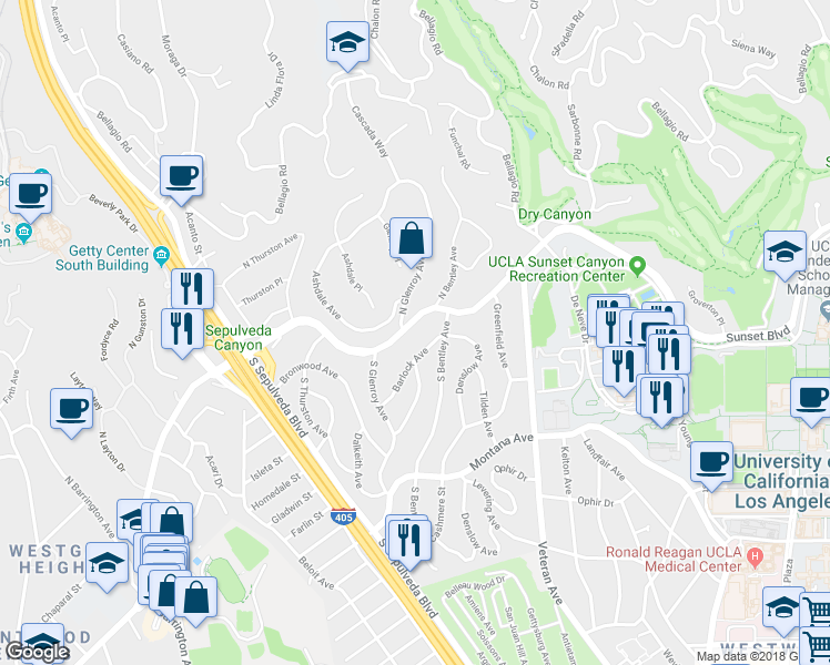 map of restaurants, bars, coffee shops, grocery stores, and more near 11150 Sunset Boulevard in Los Angeles