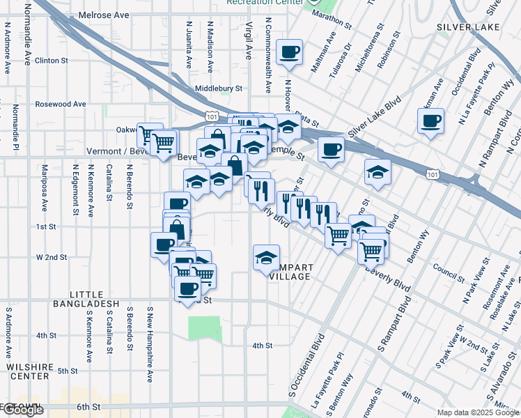 map of restaurants, bars, coffee shops, grocery stores, and more near 3361 1st Street in Los Angeles