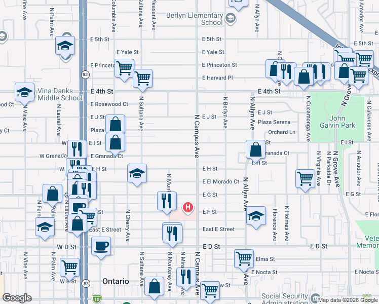 map of restaurants, bars, coffee shops, grocery stores, and more near 656 East I Street in Ontario