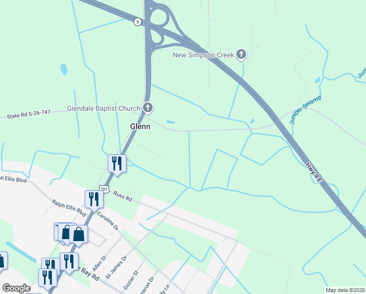 map of restaurants, bars, coffee shops, grocery stores, and more near 202 State Highway 747 in Loris