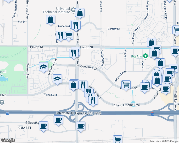 map of restaurants, bars, coffee shops, grocery stores, and more near 950 N Duesenberg Drive in Ontario