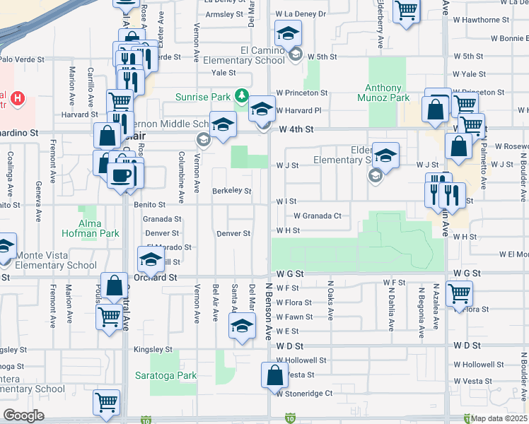 map of restaurants, bars, coffee shops, grocery stores, and more near 9922 Benson Avenue in Montclair