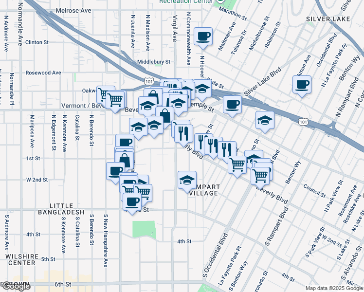 map of restaurants, bars, coffee shops, grocery stores, and more near 3361 1st Street in Los Angeles