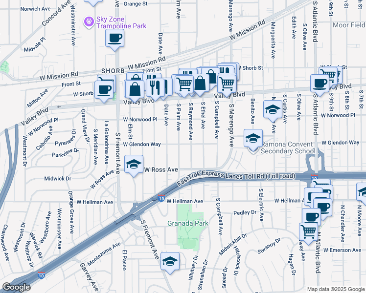 map of restaurants, bars, coffee shops, grocery stores, and more near 1640 South Palm Avenue in Alhambra
