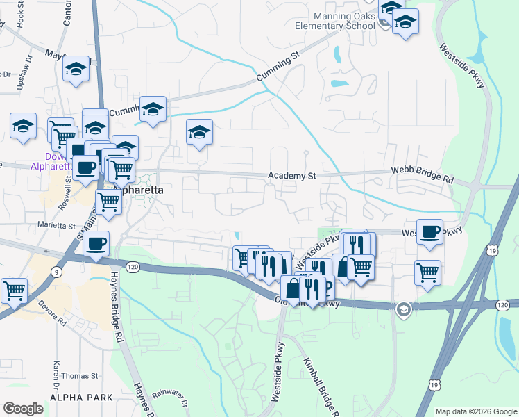 map of restaurants, bars, coffee shops, grocery stores, and more near 12130 Dancliff Trce in Alpharetta