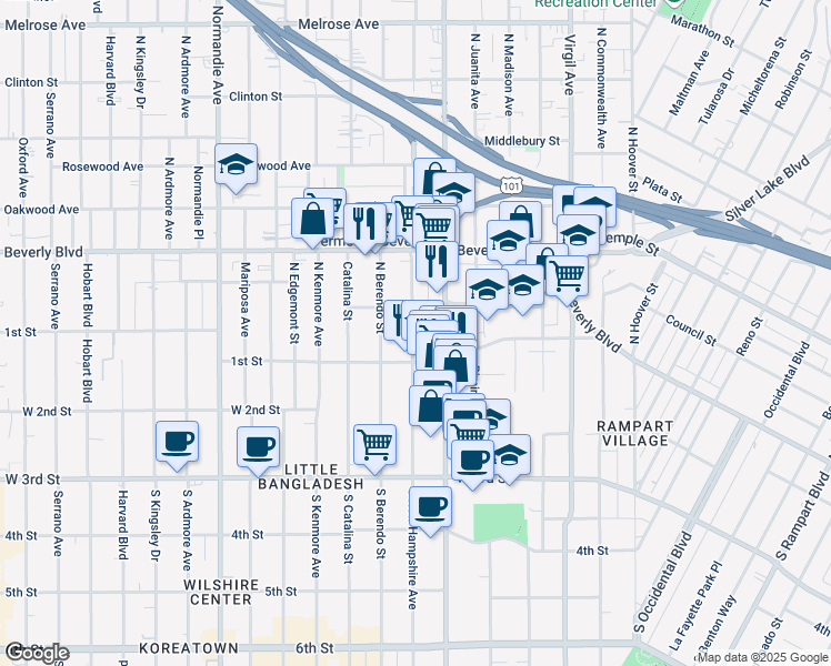 map of restaurants, bars, coffee shops, grocery stores, and more near 100 North New Hampshire Avenue in Los Angeles