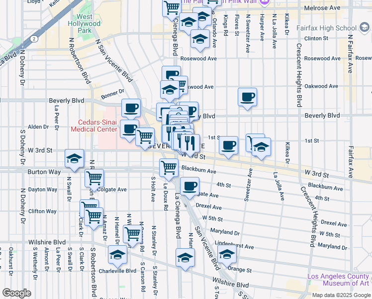 map of restaurants, bars, coffee shops, grocery stores, and more near 8425 West 3rd Street in Los Angeles